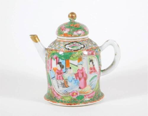 A 19thC Chinese Canton famille rose bell shaped teapot and cover, decorated with figures in cartouches, 13cm high. (AF-minor loss to spout)