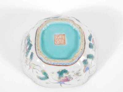 A 19thC Chinese porcelain lobed bowl, with turquoise interior, and exterior band of fish decorated in enamels, seal mark to base, 14cm square. - 4