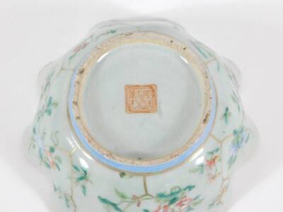 A 19thC celadon glazed Chinese porcelain bowl enamelled with peony branches, with wavy edge and six character Tongzhi seal mark to base and probably of the period (1862 - 1874), 17cm diameter. - 4