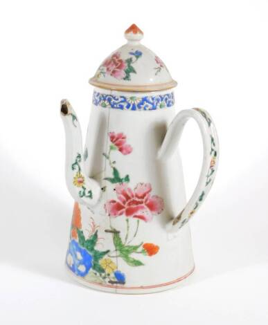 An 18thC Chinese enamelled porcelain Argyll and cover, having famille rose decoration, 23cm high. (AF - rivet repairs to body, losses to spout and lid)