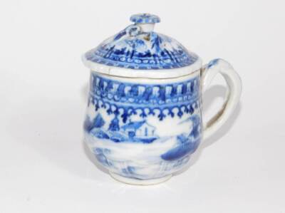 A group of 18th/19thC Chinese blue and white porcelain tablewares, comprising lidded sparrow beak jug, eight consomme cups with strap handles and five covers. - 3