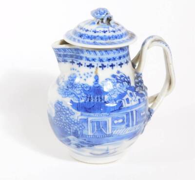 A group of 18th/19thC Chinese blue and white porcelain tablewares, comprising lidded sparrow beak jug, eight consomme cups with strap handles and five covers. - 6