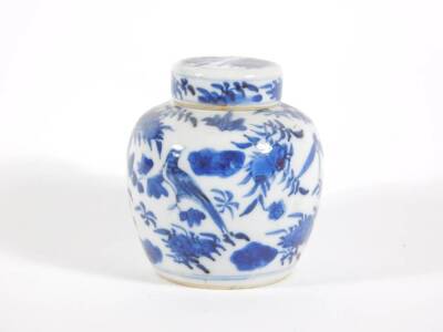 A late 19thC Chinese blue and white porcelain ginger jar and cover, handpainted with birds and flora, four character Kangxi mark to base, 10cm high. - 2