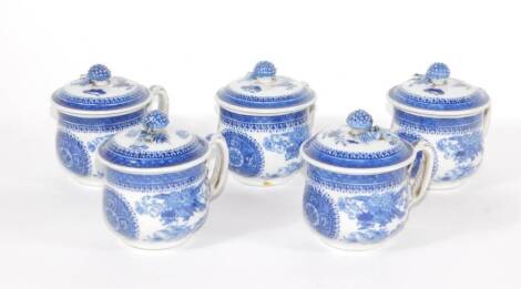 Five early 19thC Chinese consomme cups and covers, decorated in blue and white and having double twist loop handles, 8.5cm high.