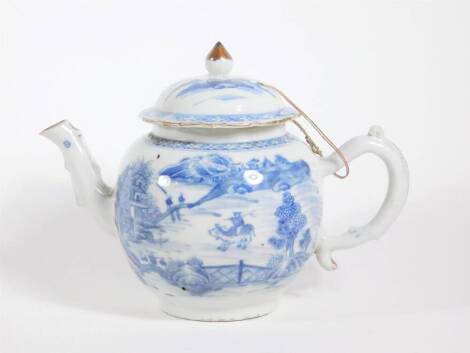 An 18thC Chinese blue and white porcelain bullet shaped teapot and cover, with rustic handle and spout, scenes with figures within landscapes, 15cm high.