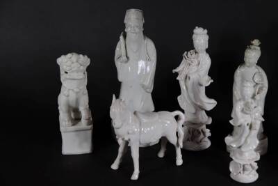 A group of 19thC and later Chinese Blanc De Chine figures, of temple dogs, horses and court figures, highest being 22cm. (10, some AF) - 2