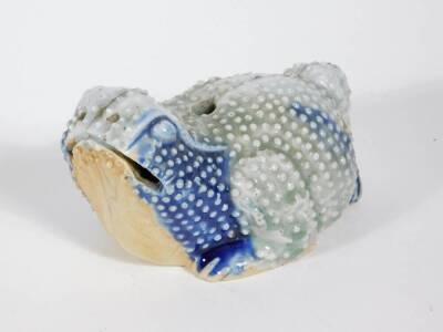 A 19thC Oriental celadon and blue glazed figure of a toad, 13cm long. - 2