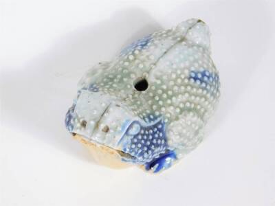 A 19thC Oriental celadon and blue glazed figure of a toad, 13cm long. - 3