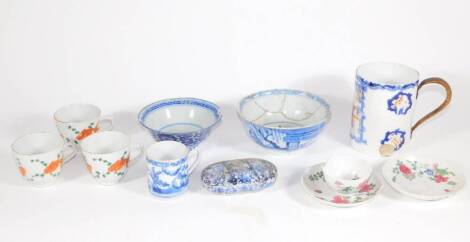 A group of Oriental ceramics, including palette mug ,cups, bowls, etc. (all AF)