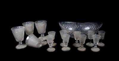 Four Regency cut glass goblets, with hobnail cut tapered sides and hexagonal knop stems, a small selection of 19thC liqueur glasses, oval cut glass bowl with hobnail cut decoration, etc.