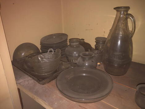 A collection of Victorian and later glass, to include circular dishes and small plain glass dome, pickle jar, rinsing bowls, etc. (a quantity)