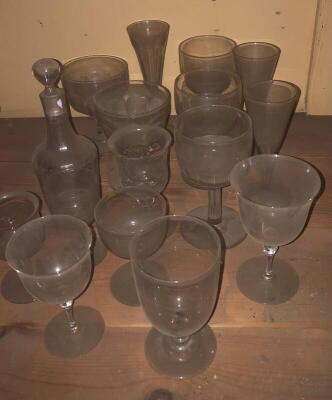 Victorian glass flutes, wine glasses, bottle with stopper, etc