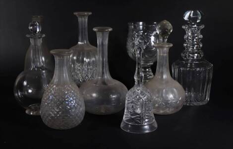 Various 19thC and later decanters, a table bell and a cut glass goblet shaped vase. (9)