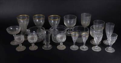 Three Georgian rummers, with cut fluting and gilt rims, on square tapered feet, 13cm high, two matching liqueur glasses, other rummers, a 19thC champagne glass, two finger bowls, custard cup, Victorian engraved goblet, etc.