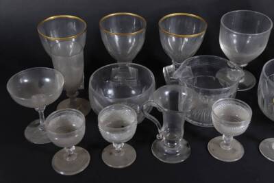 Three Georgian rummers, with cut fluting and gilt rims, on square tapered feet, 13cm high, two matching liqueur glasses, other rummers, a 19thC champagne glass, two finger bowls, custard cup, Victorian engraved goblet, etc. - 2