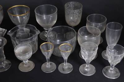 Three Georgian rummers, with cut fluting and gilt rims, on square tapered feet, 13cm high, two matching liqueur glasses, other rummers, a 19thC champagne glass, two finger bowls, custard cup, Victorian engraved goblet, etc. - 3