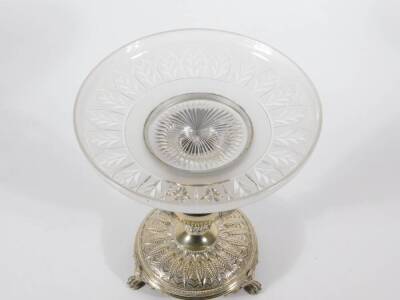 An Edwardian silver plated comport stand, of Neo Classical design with semi-fluted baluster column having peacock heads, the circular base raised on three claw feet, stamped H W & Co, supporting a cut and frosted glass circular dish, 21cm diameter, 24cm h - 2