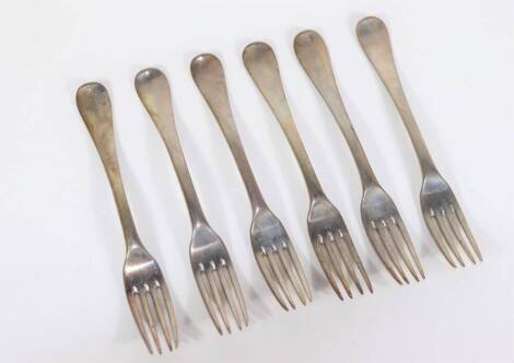 A set of 18thC crested silver dinner forks, with Old English pattern handles, all engraved with the crest of Pegasus, hallmarks indistinct, 4oz.