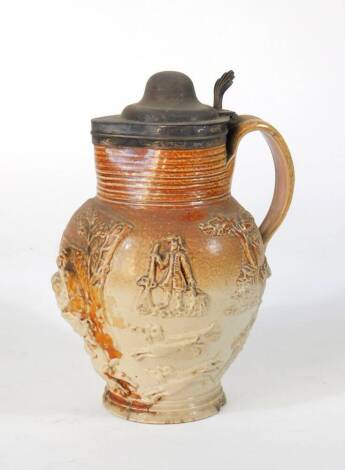 An 18thC London salt glazed stoneware lidded jug, sprigged with sportsman, dogs and men drinking, 22cm high.