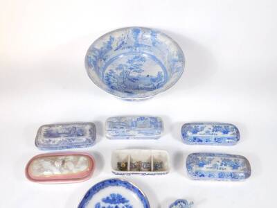 A Minton semi china blue and white printed wash bowl, decorated with a horse drawn wagon and a water wheel landscape, 34cm diameter, together with various blue and white razor box and covers and a blue and white butter boat. (11 pieces) - 2