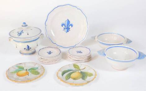 A group of French pottery Quimper ware, including plates, tureen, bowls, etc.