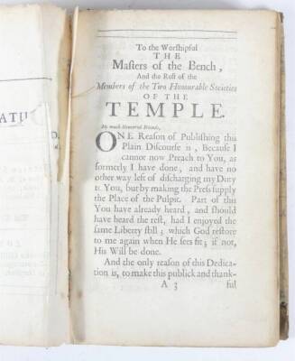 Sherlock (William) [A PRACTICAL DISCOURSE CONCERNING DEATH] tenth edition, imprimatur leaf, title torn with loss, contemporary vellum, loose revealing 17th century ms. on verso, for W. Rogers, 1689; and another copy, eighteenth edition, contemporary calf, - 4