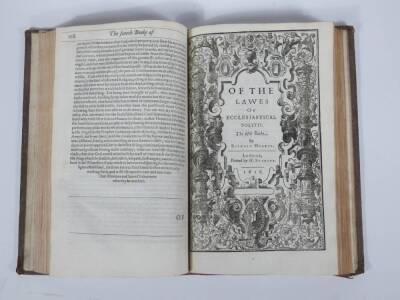 Hooker (Richard) OF THE LAWES OF ECCLESIASTICAL POLITIE engraved title, woodcut vignettes and historiated initials, near-contemporary calf, ruled in gilt, rubbed, folio, W. Stansby, 1617. - 4