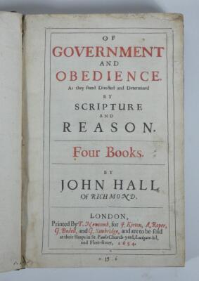 Hall (John) OF GOVERNMENT AND OBEDIENCE..., titles in red and black, woodcut vignettes and historiated initials, contemporary calf, rubbed, upper spine damaged, folio, T. Newcombe 1654. - 2