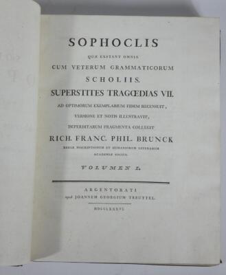 Brunck (R. F.) SOPHOCLIS QUAE EXSTANT OMNIA CUM VETERUM GRAMMATICIRUM...,half-titles, large paper copy, diced morocco, tooled in gilt, worn at extremities, large 4to, Argentorati, J. G. Treuttel, 1786. - 3