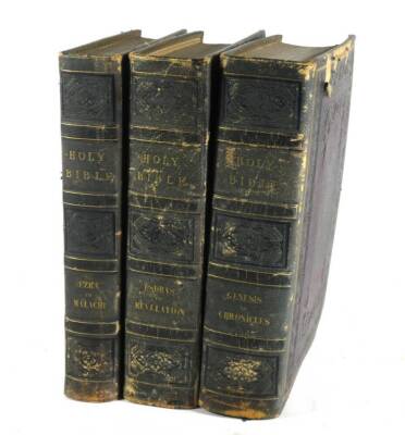 Bible in English.- Westall (Richard) THE HOLY BIBLE CONTAINING THE OLD AND NEW TESTAMENTS AND THE APOCRYPHA, 3 vol., engraved plates throughout, tissue-guards, fine crushed Morocco tooled in blind and gilt, worn in places, hinge vol. 3 cracked, large 4to,