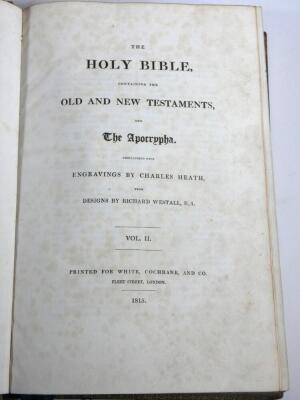 Bible in English.- Westall (Richard) THE HOLY BIBLE CONTAINING THE OLD AND NEW TESTAMENTS AND THE APOCRYPHA, 3 vol., engraved plates throughout, tissue-guards, fine crushed Morocco tooled in blind and gilt, worn in places, hinge vol. 3 cracked, large 4to, - 2