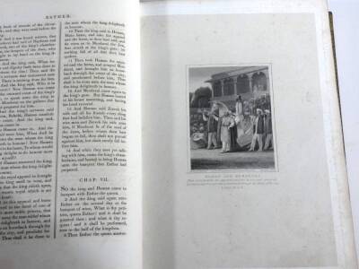 Bible in English.- Westall (Richard) THE HOLY BIBLE CONTAINING THE OLD AND NEW TESTAMENTS AND THE APOCRYPHA, 3 vol., engraved plates throughout, tissue-guards, fine crushed Morocco tooled in blind and gilt, worn in places, hinge vol. 3 cracked, large 4to, - 3