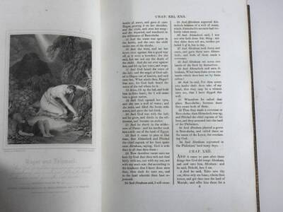 Bible in English.- Westall (Richard) THE HOLY BIBLE CONTAINING THE OLD AND NEW TESTAMENTS AND THE APOCRYPHA, 3 vol., engraved plates throughout, tissue-guards, fine crushed Morocco tooled in blind and gilt, worn in places, hinge vol. 3 cracked, large 4to, - 8