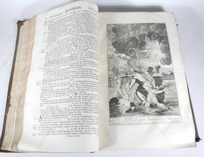 Bible in English.- THE HOLY BIBLE CONTAINING THE OLD TESTAMENT AND THE NEW woodcut tittle vignettes, engraved plates throughout, contemporary reversed calf, tooled in blind, worn with one board lacking, large folio, C. Bill, 1701. - 6