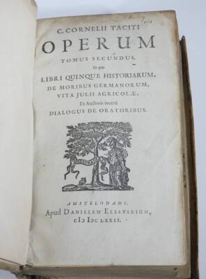 Tacitus (Cornelius) OPERA 2 vol, additional engraved title, woodcut vignette on title, contemporary vellum, yapp edges, 8vo, Amsterdam, D. Elsevir [REF], 1672. - 5