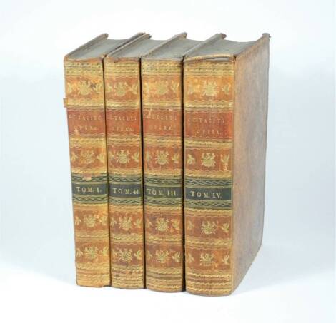 Tacitus (Cornelius) OPERA OMNIA 4 vol, additional engraved title with tissue guard vol 1, title vignettes, contemporary tree calf, tooled in gilt, spine gilt, morocco spine labels, 8vo, M. Ritchie & J. Sammells, 1790.