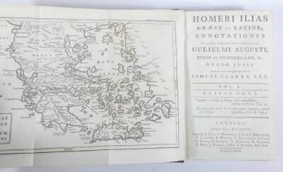 Clarke (Samuel) HOMERI ODYSSEA GRAECE ET LATINAE 2 vol., A. Millar et al, 1758; .- HOMERI ILIAS GRAECE ET LATINAE 2 vol., folding engraved map, C. Rivington, 1774, contemporary calf, spines gilt; and a second copy of the latter work (6) - 8