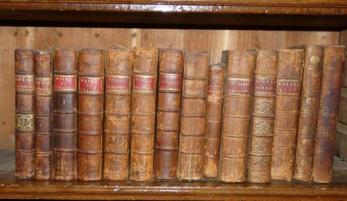 Patrick (S.) TERENCE'S COMEDIES... 2 vol., title in red and black, title vignettes, bottom edge trimmed with loss to foot of title in vol. 1, J. Oswald, 1750 § Virgil.- WORKS 2 vol., additional engraved titles, J. Davidson, 1754 § Morell (Thomas) EURIPIDE