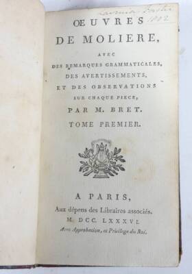 Moliere ([Jean-Baptiste]) OEUVRES 8 vol., contemporary morocco over patterned boards, spines gilt, 12mo, Paris, [n.p.], 1786; and 3 other vols, French. (11) - 4