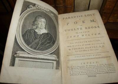 Milton (John) PARADISE LOST 2 vol., 1770; .- PARADISE REGAIN'D 2 vol., 1766, engraved frontispieces in vols 1, uniform calf, spines gilt, morocco spine labels; Warton [(Joseph)] ESSAY ON THE GENIUS OF POPE, contemporary vellum, M. Cooper, 1756; and 6 othe - 2