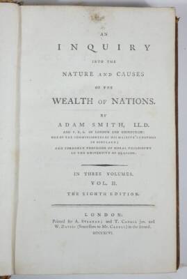 Smith (Adam) AN INQUIRY INTO THE NATURE AND CAUSES OF THE WEALTH OF NATIONS eighth edition, 3 vol., contemporary speckled calf, A. Strahan & T. Cadell, 1796 § Comber (W.T.) AN INQUIRY INTO THE STATE OF NATIONAL SUBSISTANCE, half calf over patterned boards - 4