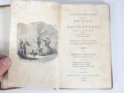 Oinophilus (Boniface) EBRIETATIS ENCOMIUM: OR, THE PRAISE OF DRUNKENNESS engraved frontispiece, contemporary half calf over patterned boards, boards detached, 8vo, 1812. - 3