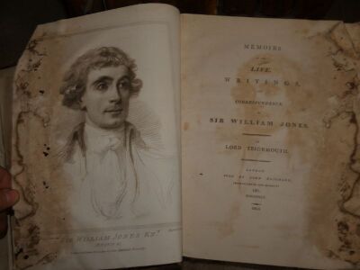 Jones (William, Sir) WORKS 6 vol., LARGE PAPER COPY, frontispiece vol. 1, engraved plates, contemporary speckled calf, ruled in gilt, spines gilt, morocco spine labels, some boards detached, 4to, G.G. and J. Robinson, 1799; and another, similar but water - 4