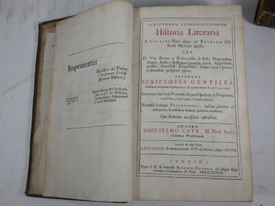 Cave (William) SCRIPTORUM ECCLESIASTICORUM HISTORIA LITERARIA... 2 vol., title in red and black, imprimatur leaf, contemporary panelled calf, ruled in blind, spine gilt, lacks spine labels, worn, folio, R. Chiswell, 1688. - 2