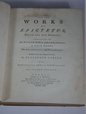 Epictetus.- WORKS, second edition, contemporary calf, tooled in gilt, spine gilt, worn, S. Richardson, 1760. - 2