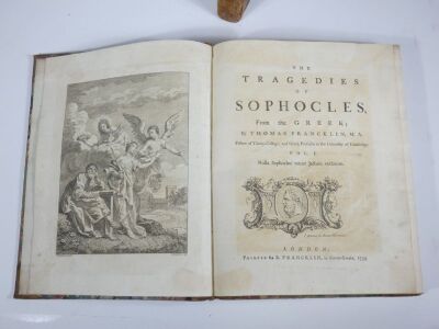 Sophocles.- Francklin (Thomas, trans.) THE TRAGEDIES OF SOPHOCLES engraved frontispiece vol. 1, title vignettes, contemporary half calf over patterned boards, worn, 4to, 1759. - 2