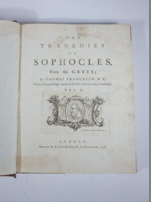 Sophocles.- Francklin (Thomas, trans.) THE TRAGEDIES OF SOPHOCLES engraved frontispiece vol. 1, title vignettes, contemporary half calf over patterned boards, worn, 4to, 1759. - 4