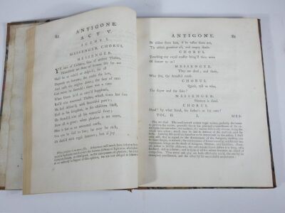 Sophocles.- Francklin (Thomas, trans.) THE TRAGEDIES OF SOPHOCLES engraved frontispiece vol. 1, title vignettes, contemporary half calf over patterned boards, worn, 4to, 1759. - 5