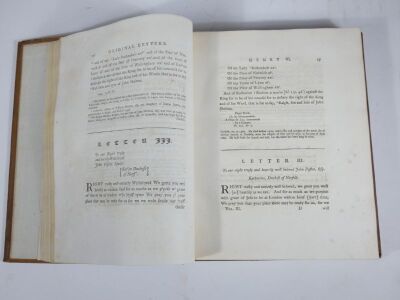 Fenn (John, Sir) ORIGINAL LETTERS WRITTEN DURING THE REIGNS OF HENRY VI, EDWARD IV AND RICHARD III..., vols 3 and 4 only (of 4), frontispieces, hand-coloured plates, contemporary calf worn, 4to, J. Robinson 1789. - 7