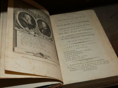 Beaumont [(Frances)] and Fletcher [(John)] THE DRAMATIC WORKS OF... 10 vol., half-titles, engraved portrait frontispieces, contemporary calf, worn, 8vo, 1778. - 2